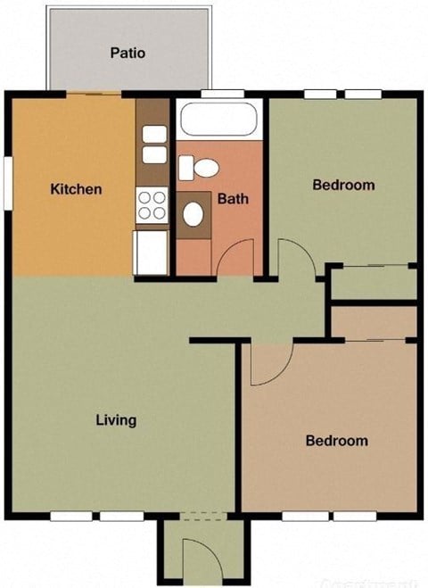 Floor plan for 2 beds, 1 bath, 705 sqft